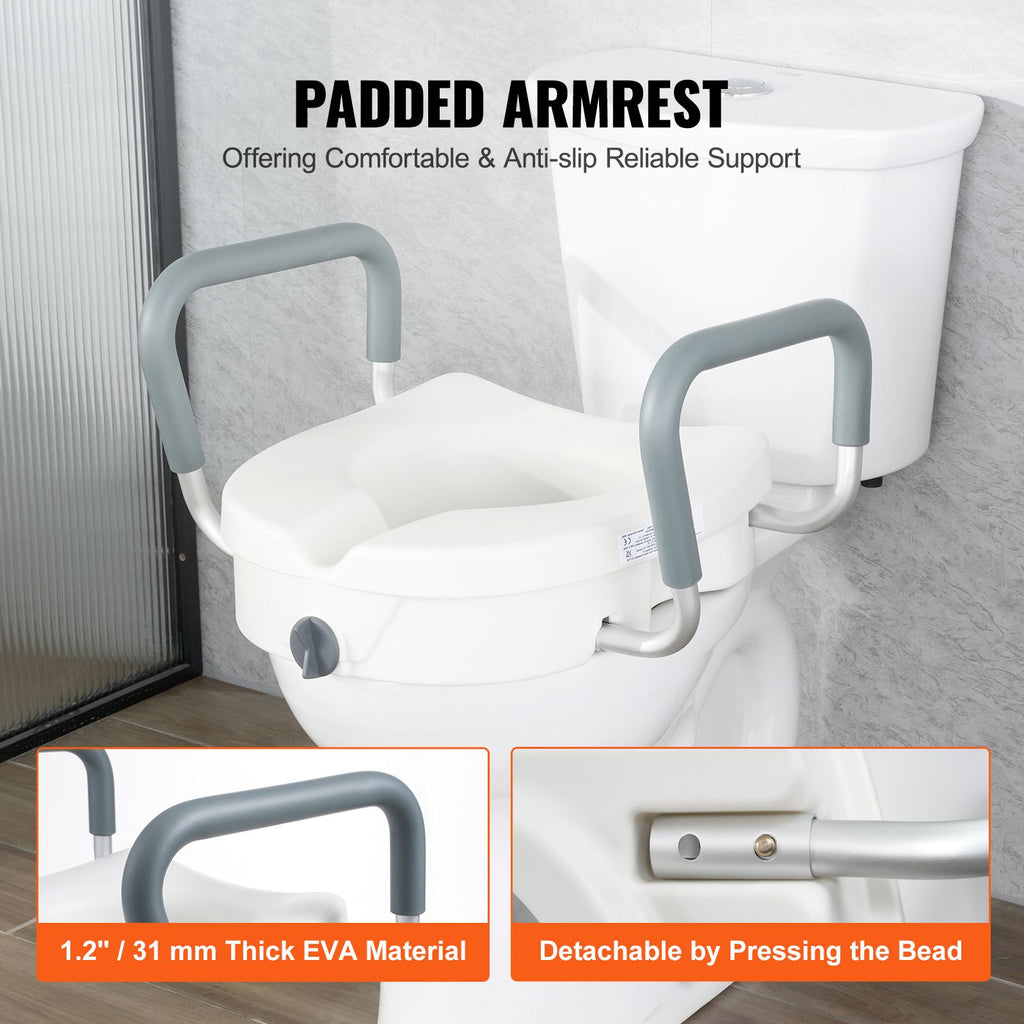 5-Inch Raised Toilet Seat with Padded Support Armrests – 159 kg Capacity